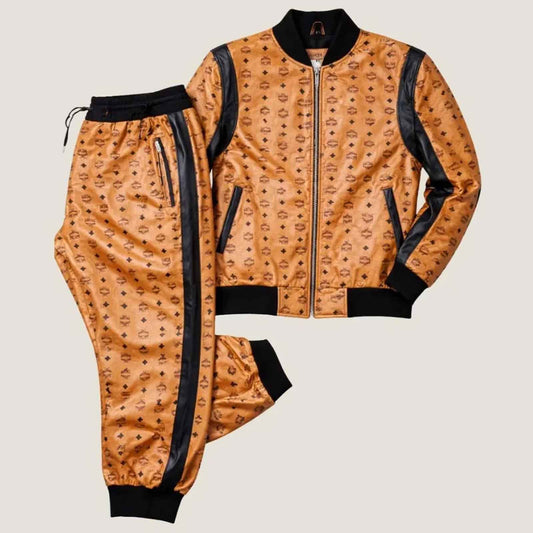 MCM Men’s Monogram Print Leather Tracksuit Set | Brown & Black Cowhide Bomber Jacket & Jogger Pants