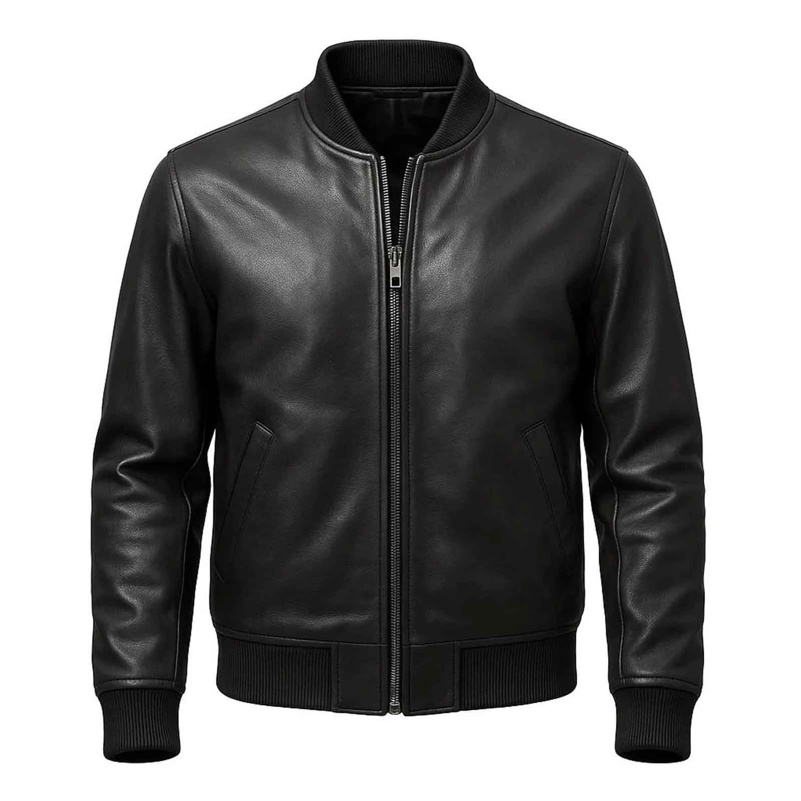 Men’s Slim Fit Black Leather Bomber Jacket – Timeless Handcrafted Fashion