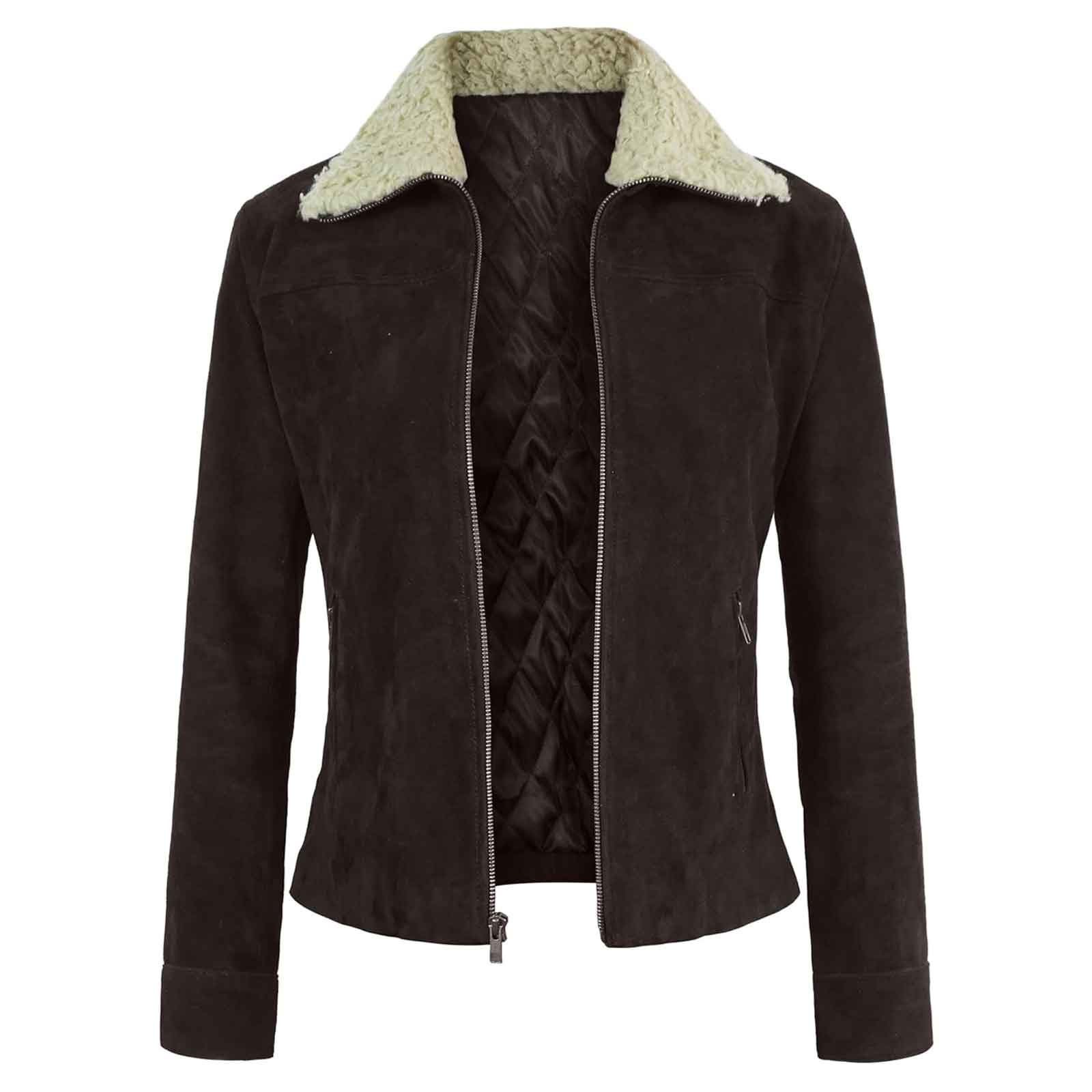 Women's Suede Leather Jacket with Sherpa Collar – Warm Winter Biker Coat by Regals Leather