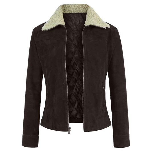 Women's Suede Leather Jacket with Sherpa Collar – Warm Winter Biker Coat by Regals Leather