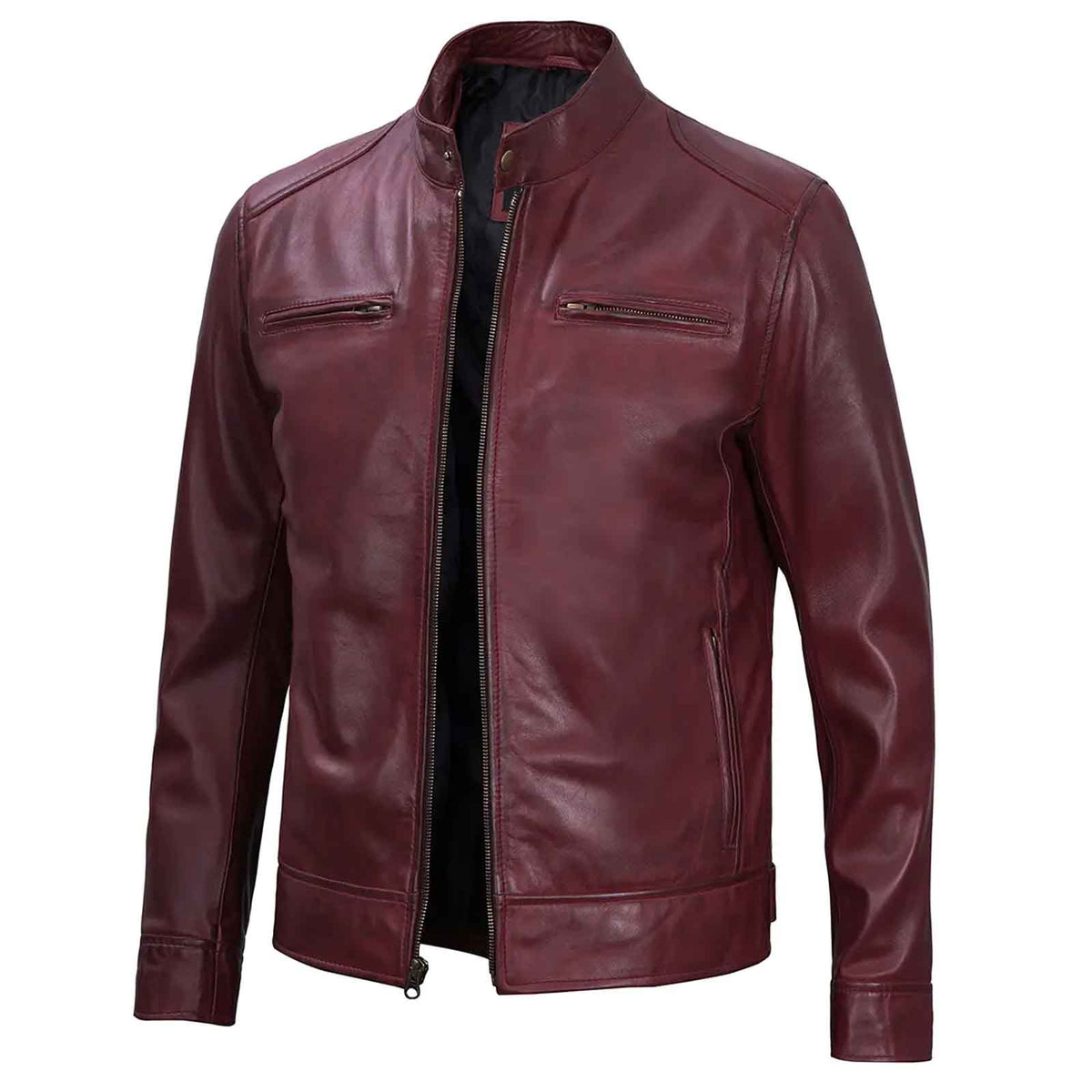 Dodge Men's Cafe Racer Biker Style Burgundy Lambskin Leather Jacket