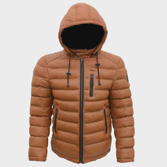 Regals Leather Men’s Wax Bubble Winter Jacket – Sustainable Sheep Wax Fabric, Removable Hood, Brown