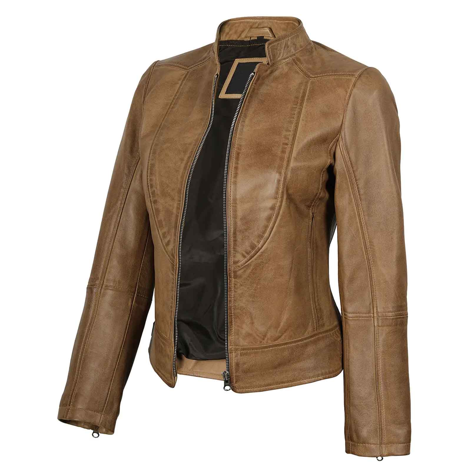 Women’s Camel Brown Leather Biker Jacket – Amy Lambskin | Regals Leather