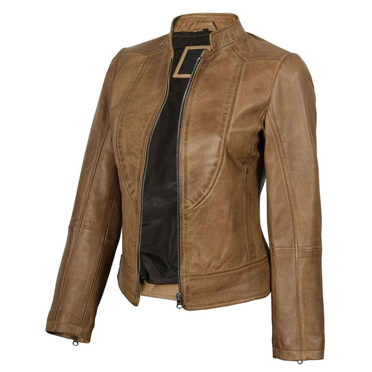 Women’s Camel Brown Leather Biker Jacket – Amy Lambskin | Regals Leather