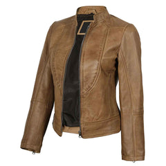 Women’s Camel Brown Leather Biker Jacket – Amy Lambskin | Regals Leather