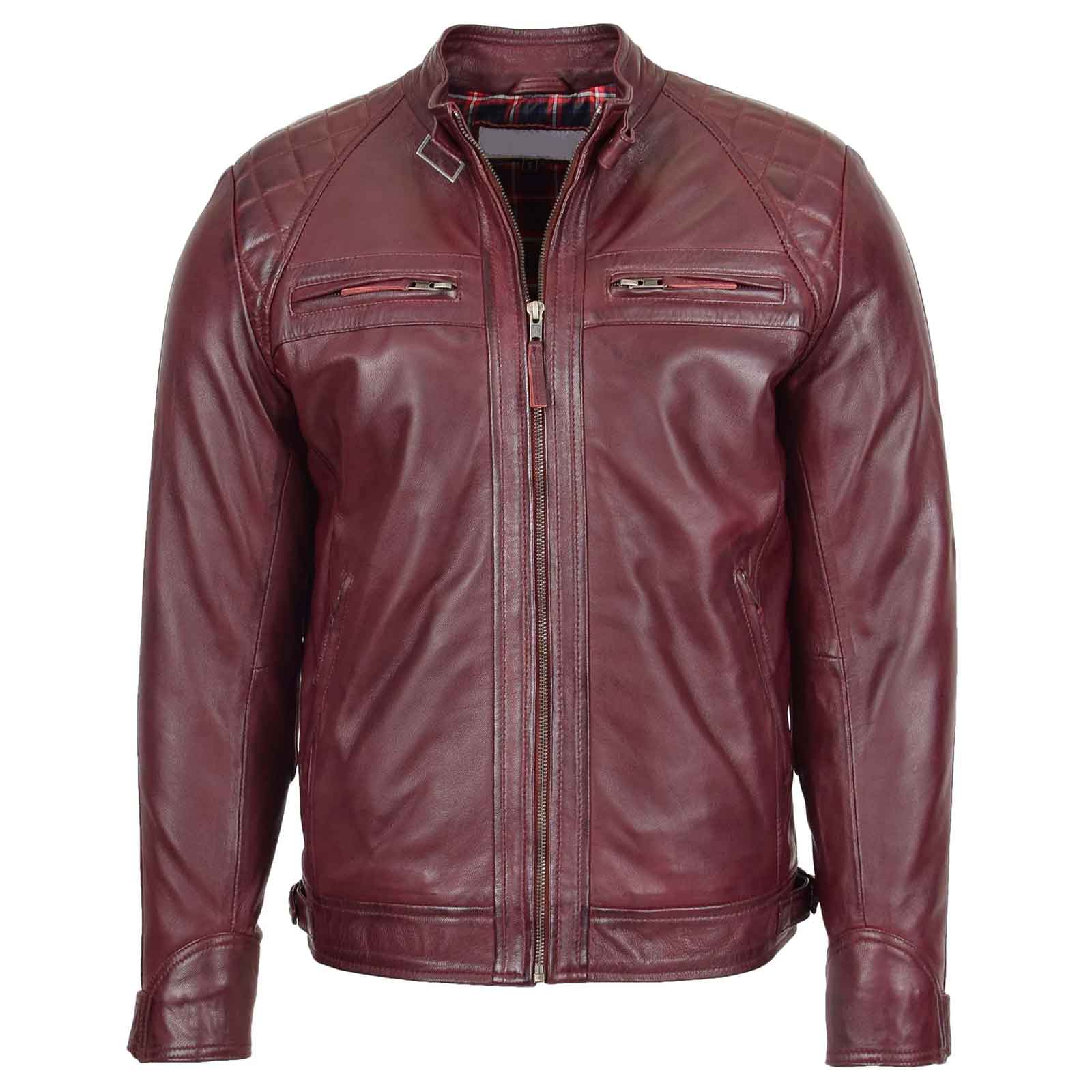 Men’s Burgundy Standing Collar Leather Jacket – Slim Fit Biker by Regals Leather
