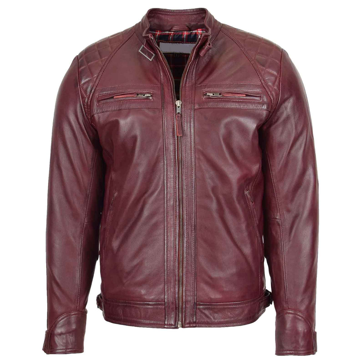 Men’s Burgundy Standing Collar Leather Jacket – Slim Fit Biker by Regals Leather