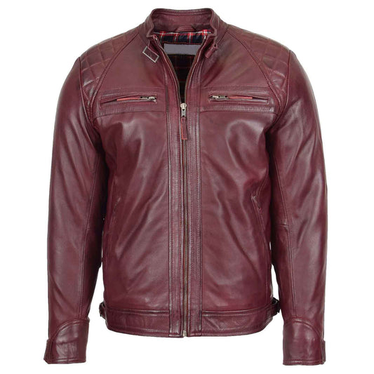 Men’s Burgundy Standing Collar Leather Jacket – Slim Fit Biker by Regals Leather
