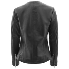 Lambskin Stylish Women's Collarless Round Neck Leather Jacket Moreno Black