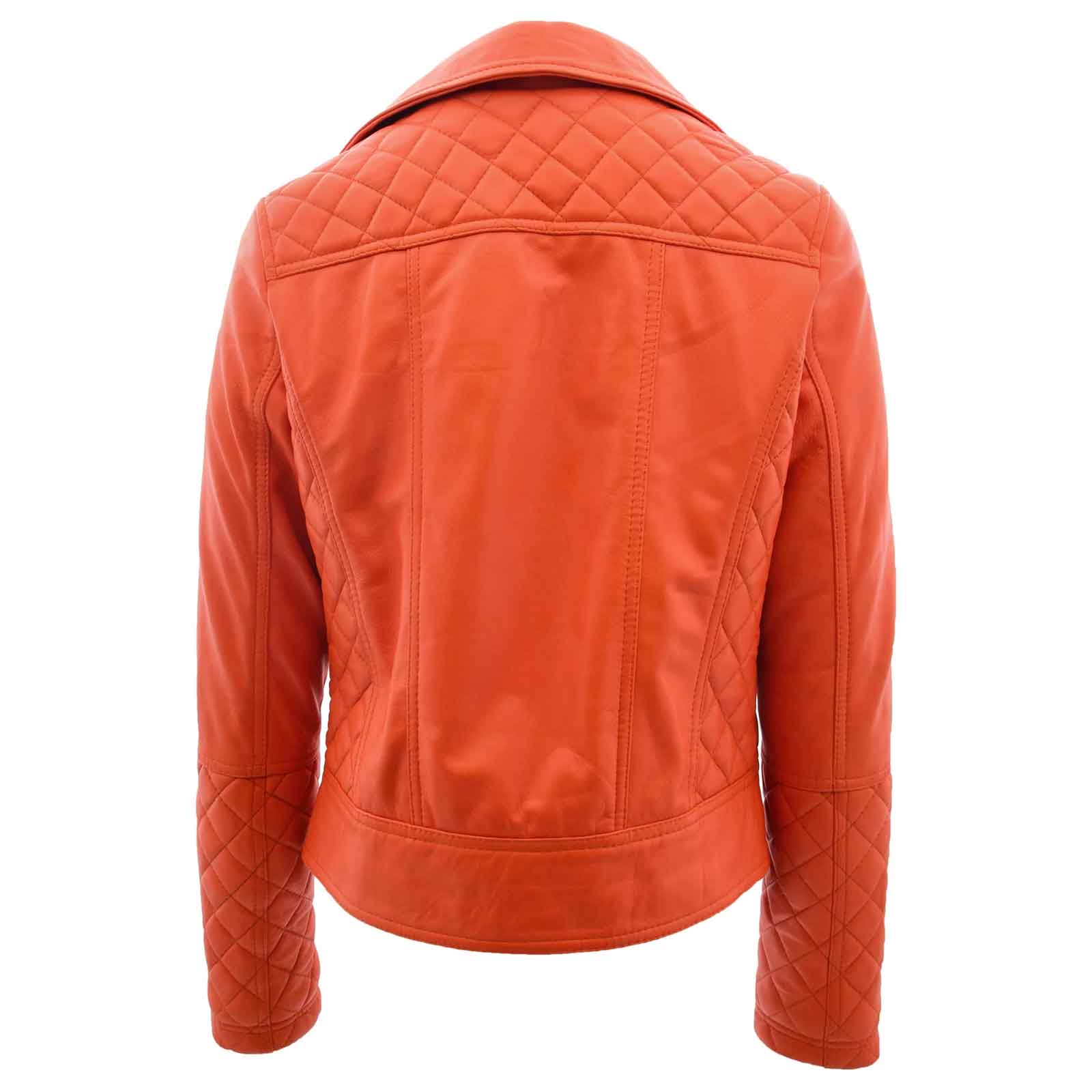 Ziva Orange Women’s Leather Biker Jacket | Quilted Detail Real Leather