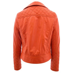 Ziva Orange Women’s Leather Biker Jacket | Quilted Detail Real Leather