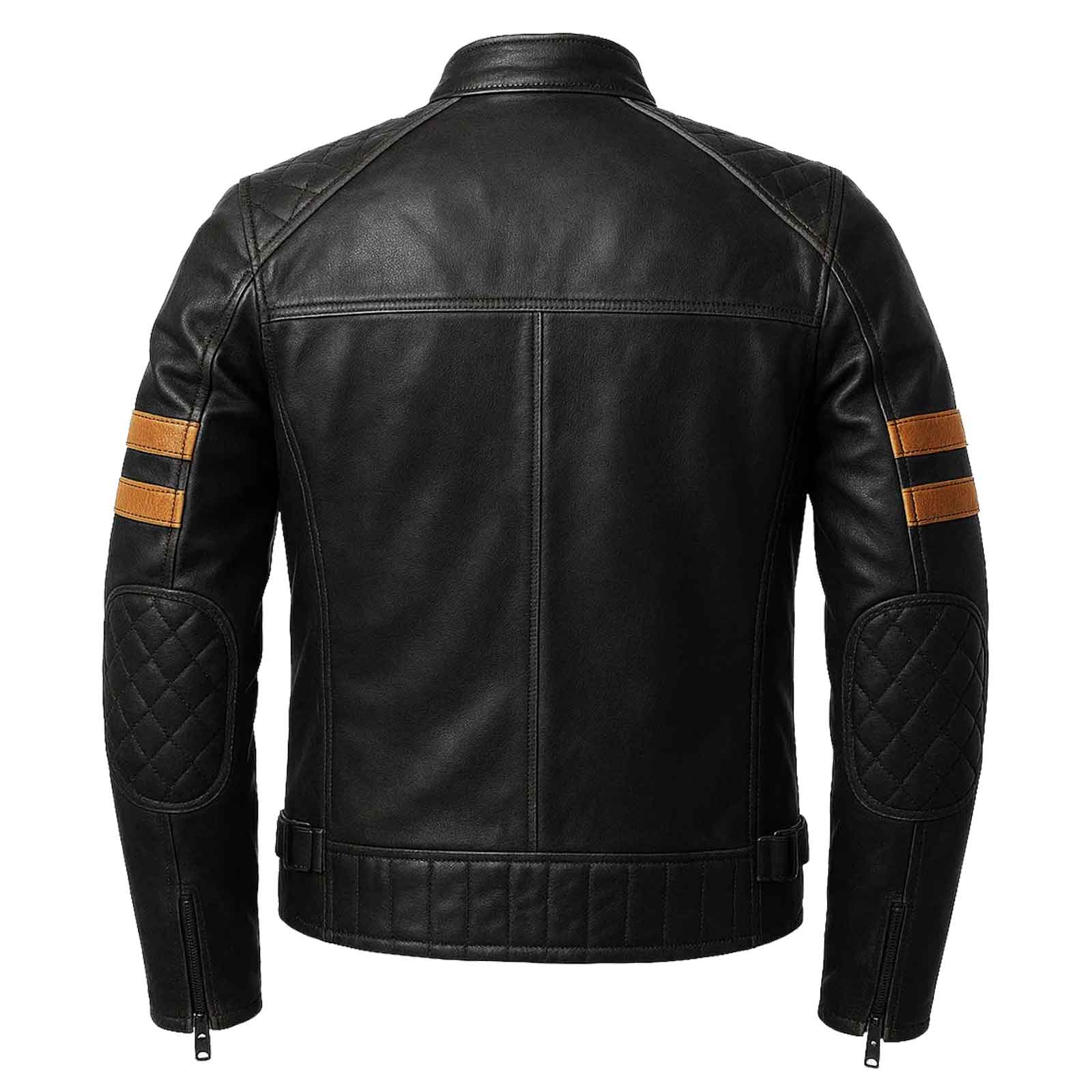 Vintage Men's Black Biker Style Leather Jacket with Tan Accent Stripes