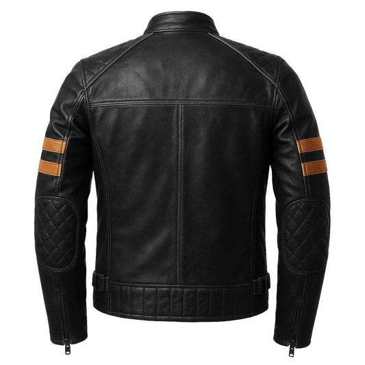Vintage Men's Black Biker Style Leather Jacket with Tan Accent Stripes