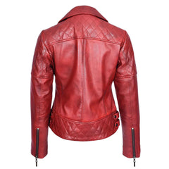 Nixi Women’s Burnish Red Multi Cross Zip Biker Leather Jacket | Quilted Fitted Style