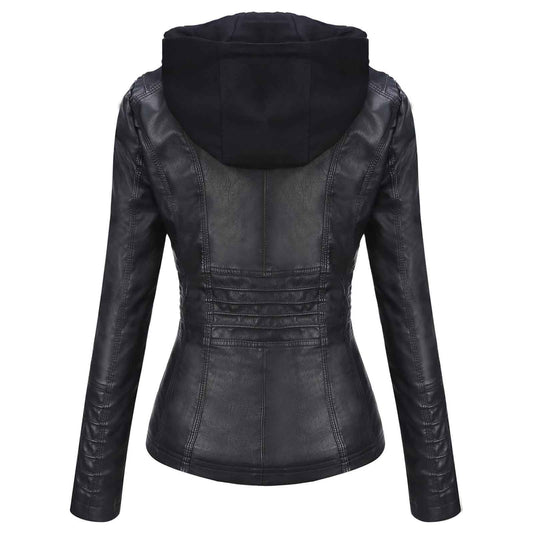 Tanming Women’s Faux Leather Jacket with Removable Hood – Stylish PU Moto Biker Coat for Fall & Winter