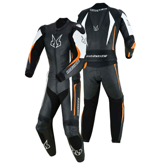 MZONE Imola Leather Bike Suit 2PC – High-Performance Professional Riding Suit in Black/White/Orange for Riders