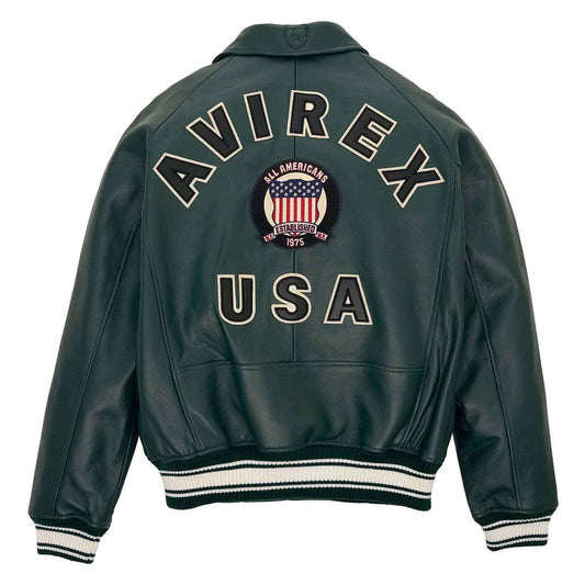 Best Seller Men’s Iconic Avirex Leather Jacket Dark Green Leather Bomber Jacket Aviator Style