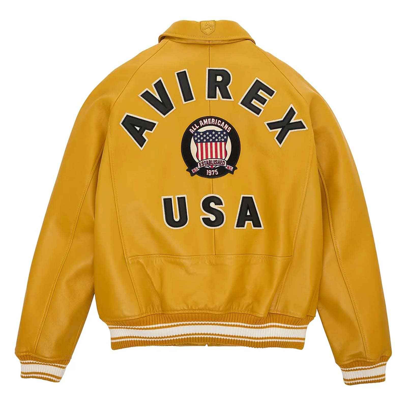 Best Quality Men’s Iconic Avirex Leather Jacket Yellow Leather Bomber Jacket Aviator Style