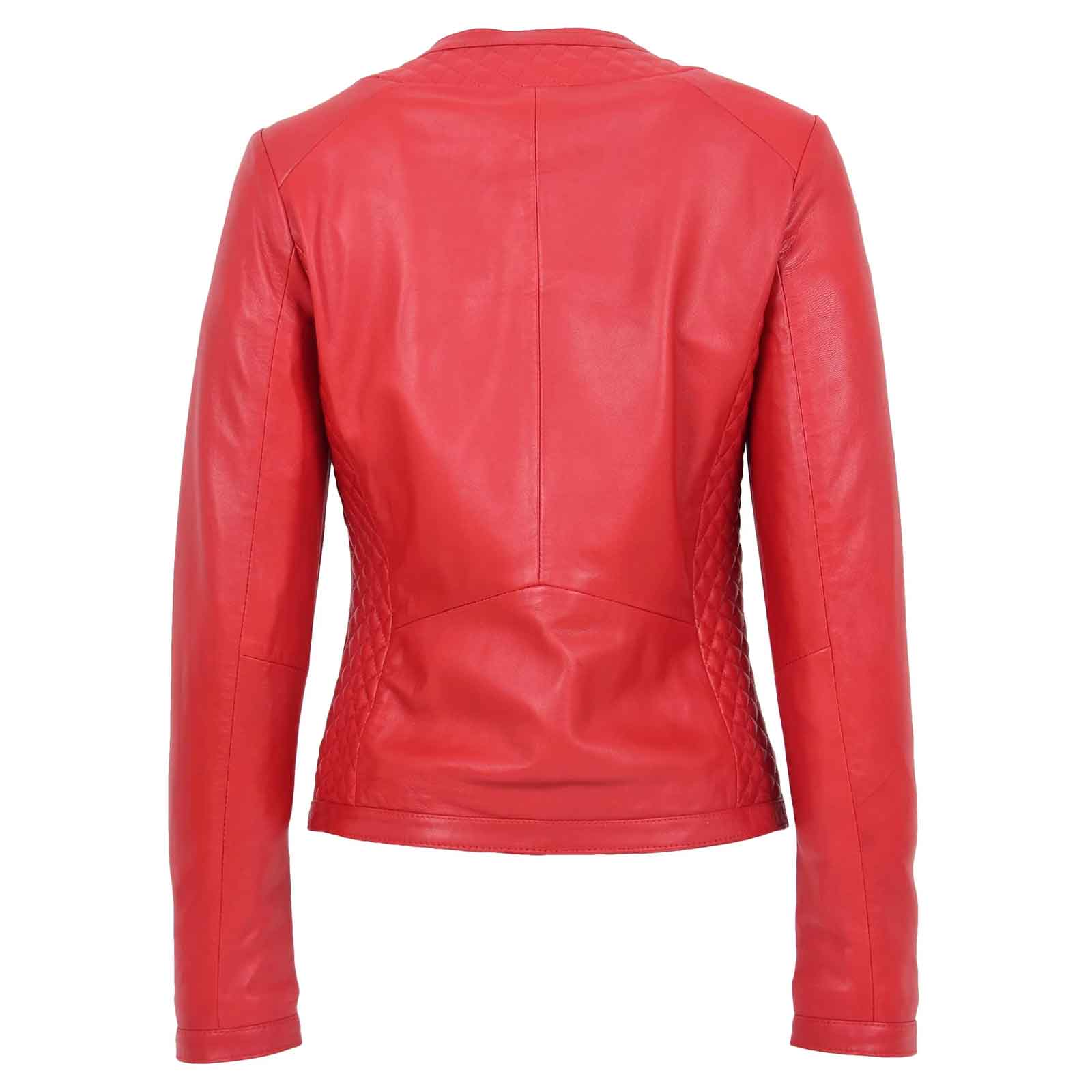 Regals Leather Women’s Red Quilted Collarless Leather Jacket – Joan Slim Fit Biker