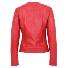 Regals Leather Women’s Red Quilted Collarless Leather Jacket – Joan Slim Fit Biker