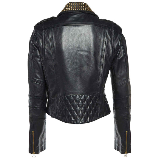 Pierre Balmain Studded Biker Jacket | Black Genuine Leather Designer Moto Coat