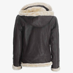 Women’s Dark Brown Hooded Shearling Leather Jacket – Warm Winter Fashion Coat