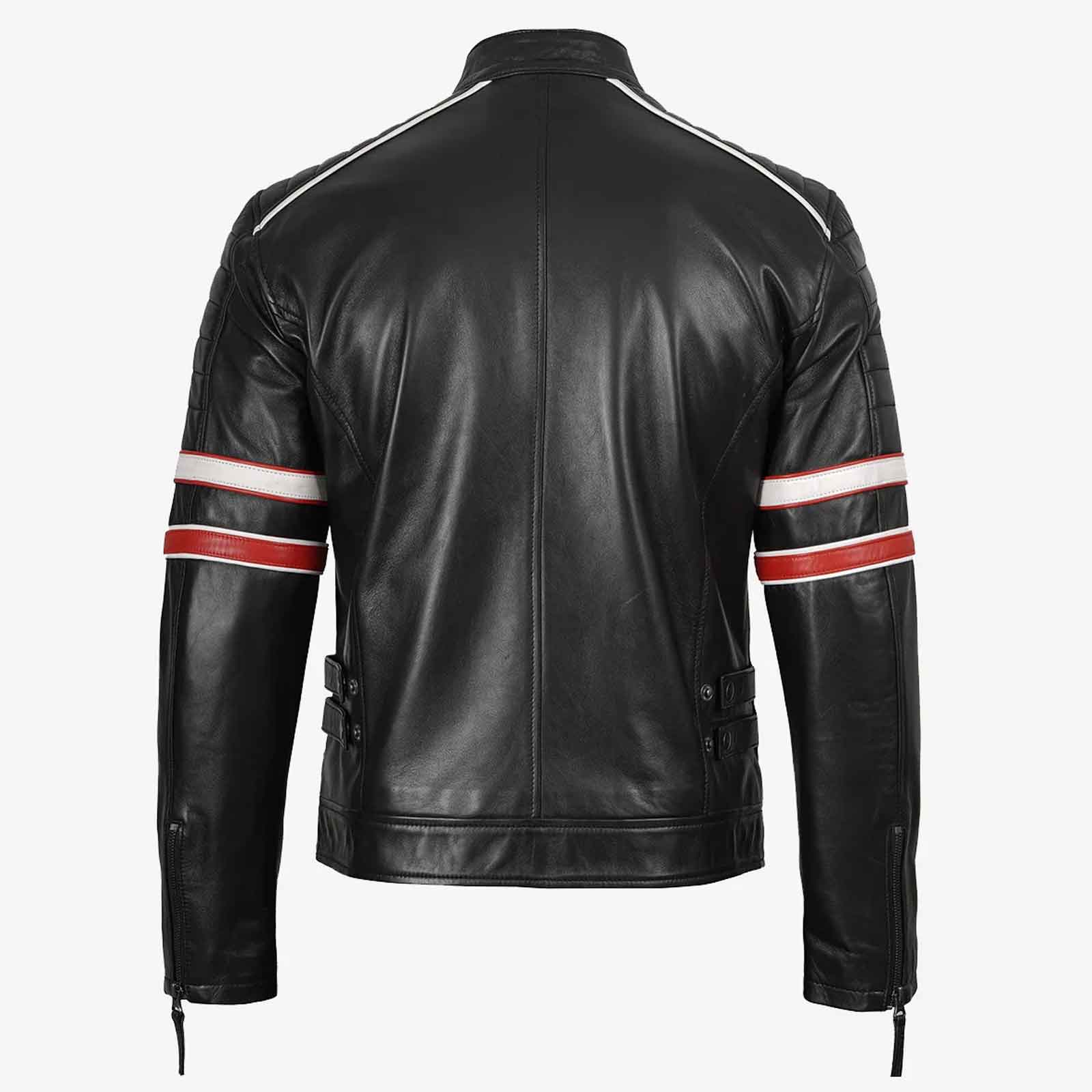 Biker Casual Fit Men’s Black Cafe Racer Leather Jacket with Dual Stripes