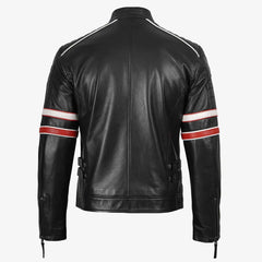 Biker Casual Fit Men’s Black Cafe Racer Leather Jacket with Dual Stripes