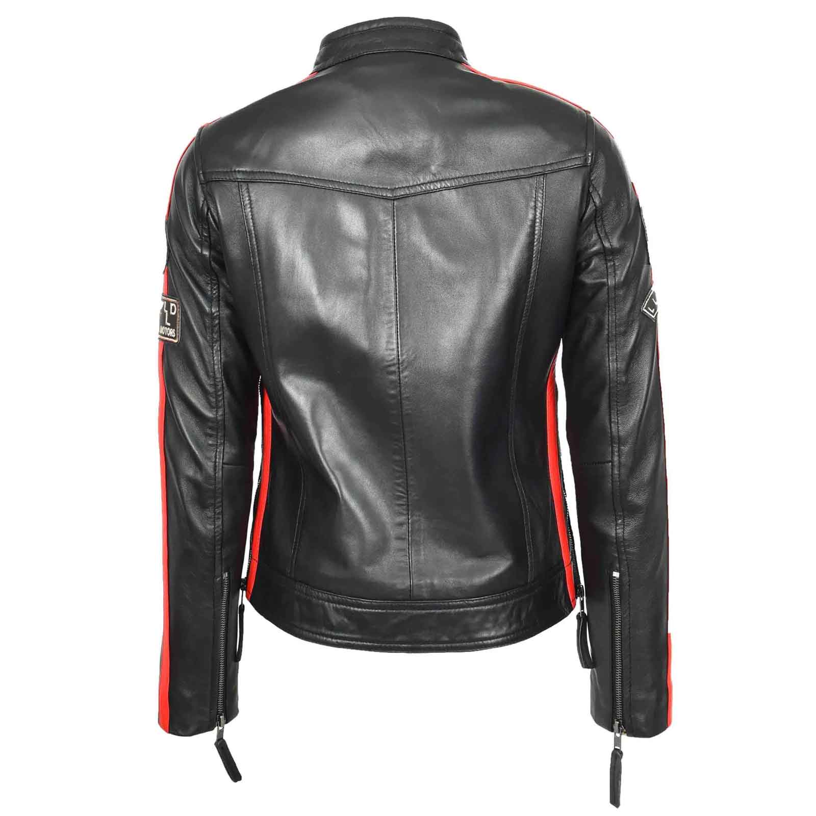 Women’s Black Leather Cafe Racer Biker Jacket – Motorcycle Style with Rosa Badges