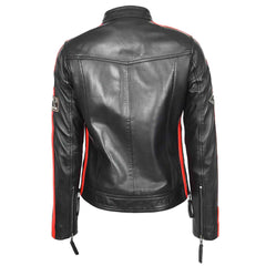 Women’s Black Leather Cafe Racer Biker Jacket – Motorcycle Style with Rosa Badges