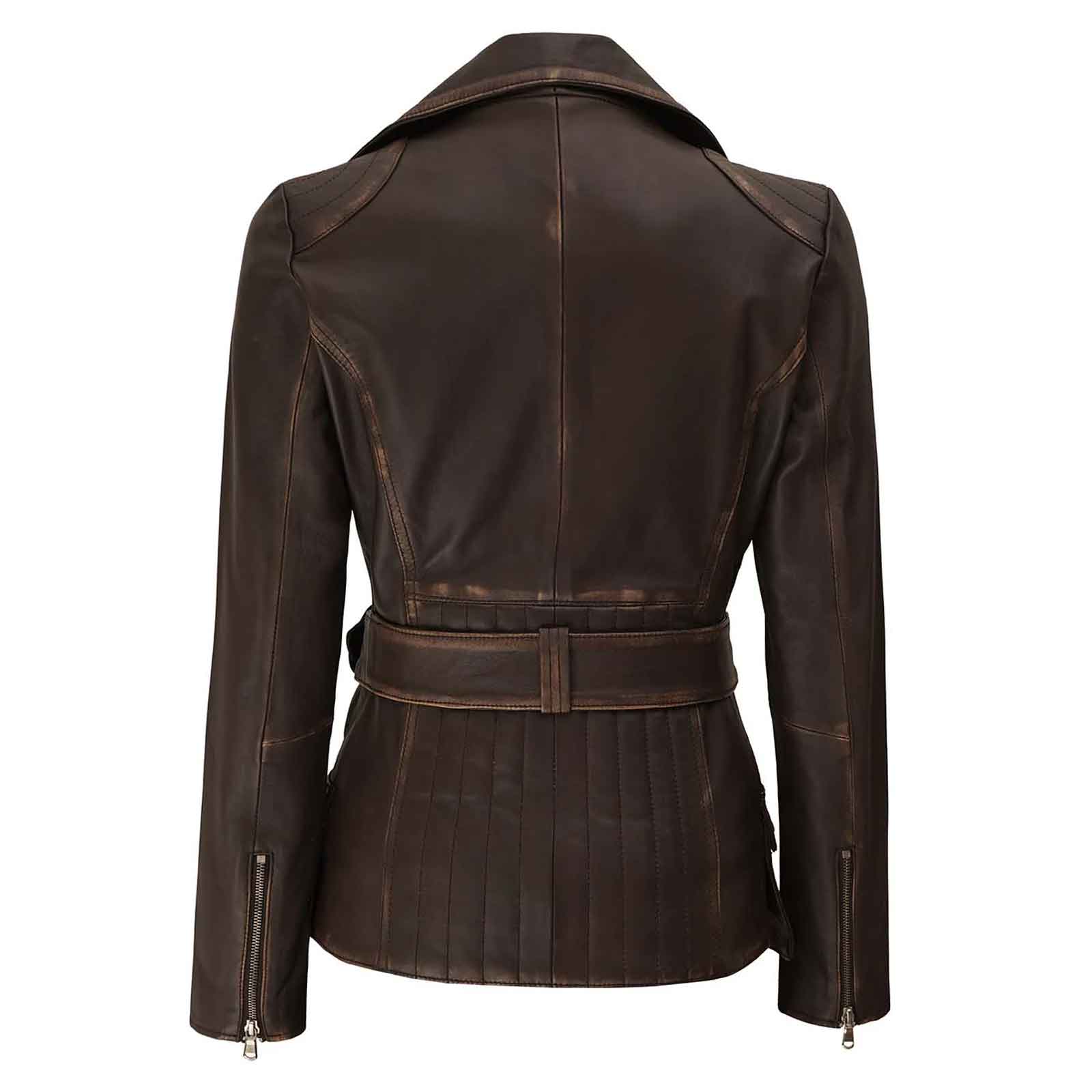 Women's Distressed Brown Asymmetrical Genuine Leather Biker Style Jacket