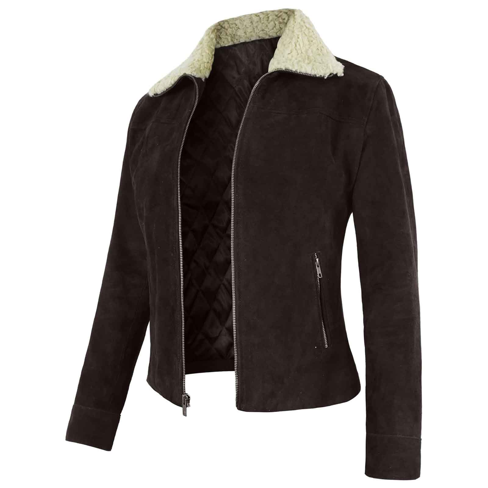 Women's Suede Leather Jacket with Sherpa Collar – Warm Winter Biker Coat by Regals Leather