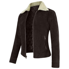 Women's Suede Leather Jacket with Sherpa Collar – Warm Winter Biker Coat by Regals Leather