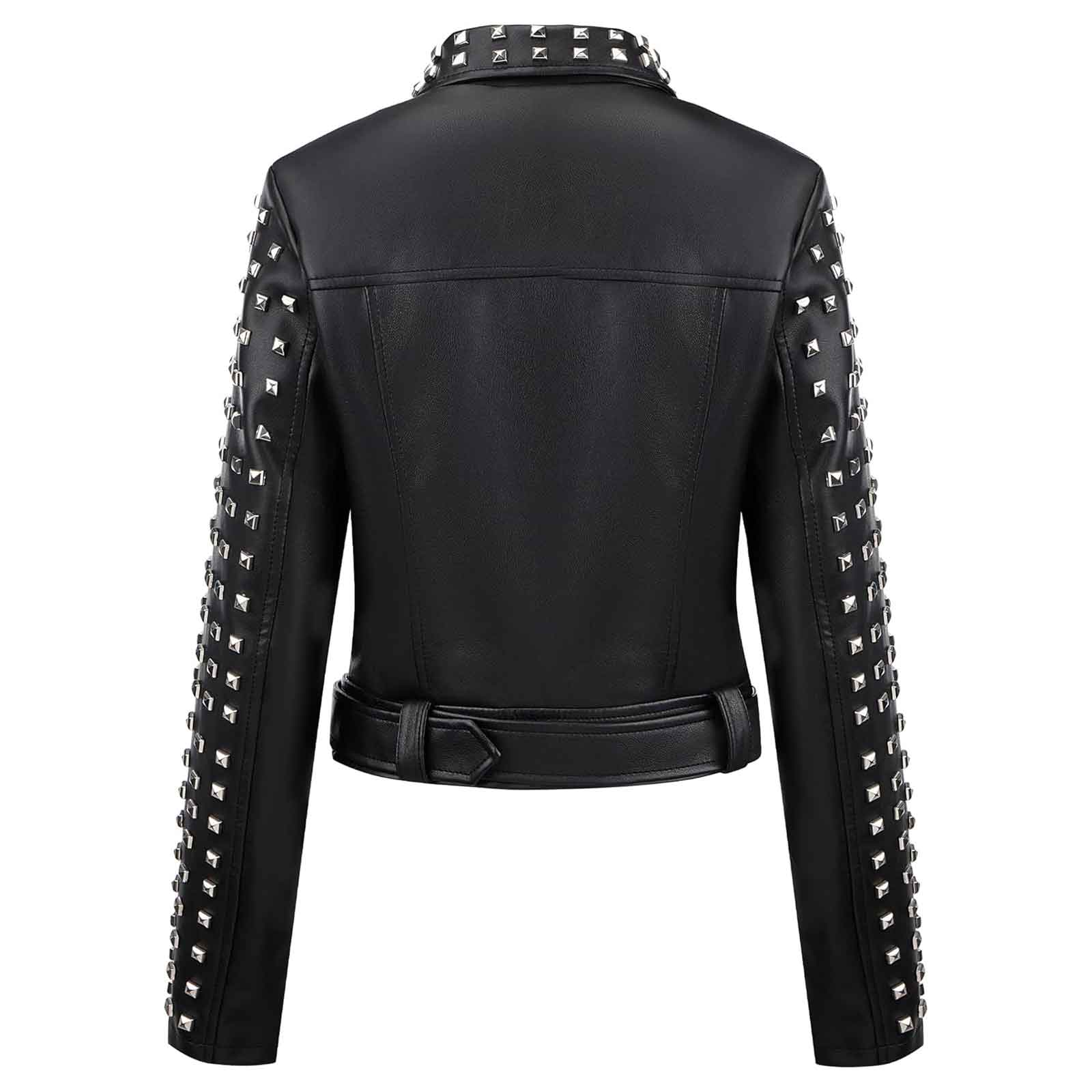 Women’s Studded Faux Leather Moto Jacket | Rivet Short Biker Coat with Stand Collar