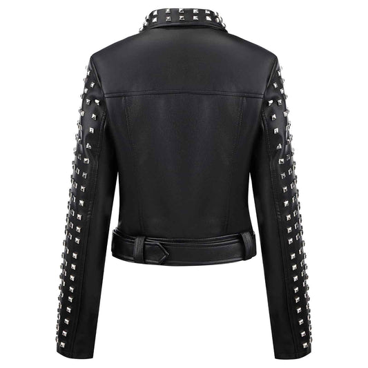 Women’s Studded Faux Leather Moto Jacket | Rivet Short Biker Coat with Stand Collar