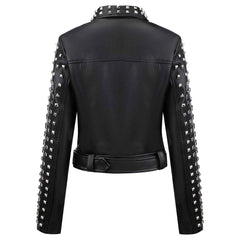 Women’s Studded Faux Leather Moto Jacket | Rivet Short Biker Coat with Stand Collar