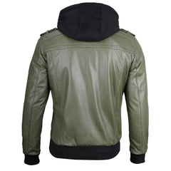 Vintage Handcrafted Men's Military Green Leather Jacket with Removable Hood