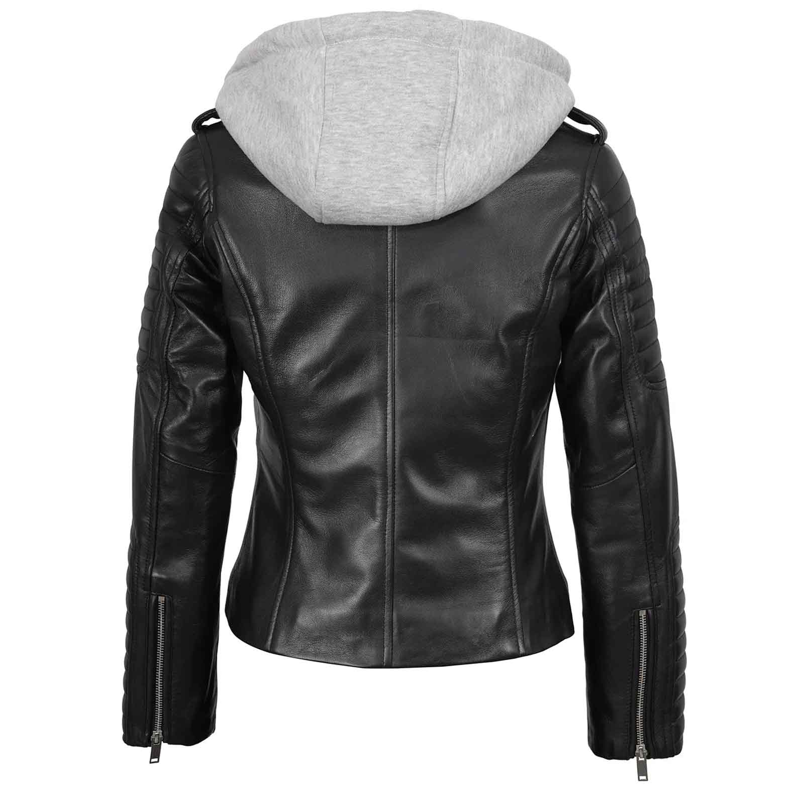 Regals Leather Women's Black Leather Biker Style Jacket With Removable Hood