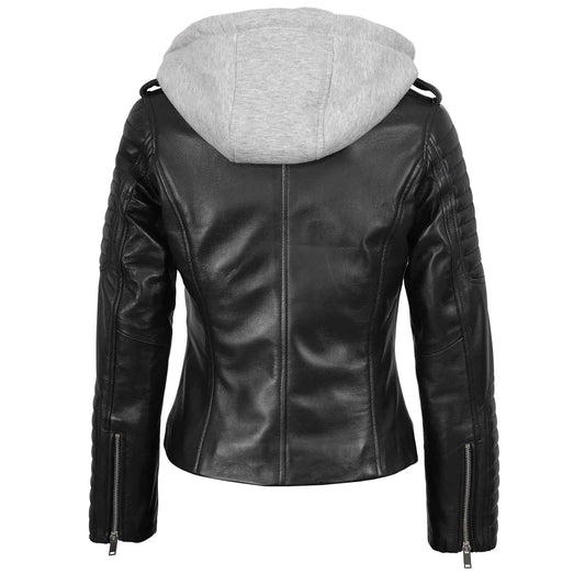 Regals Leather Women's Black Leather Biker Style Jacket With Removable Hood