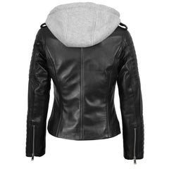 Regals Leather Women's Black Leather Biker Style Jacket With Removable Hood