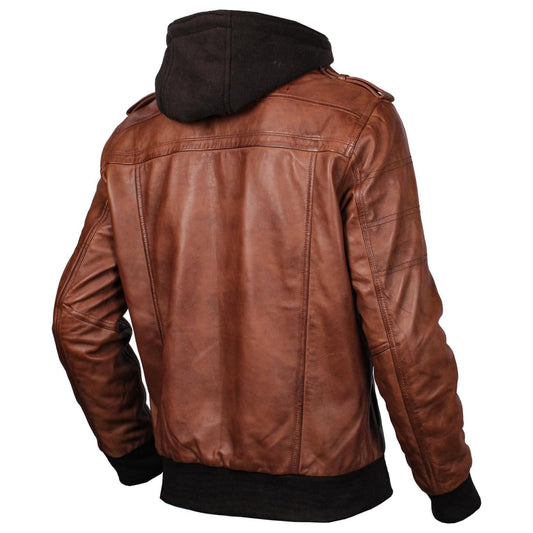 Men's Leather Jacket Genuine Motorcycle Fashion Jacket With Removable Hood Brown Leather Jacket For Man