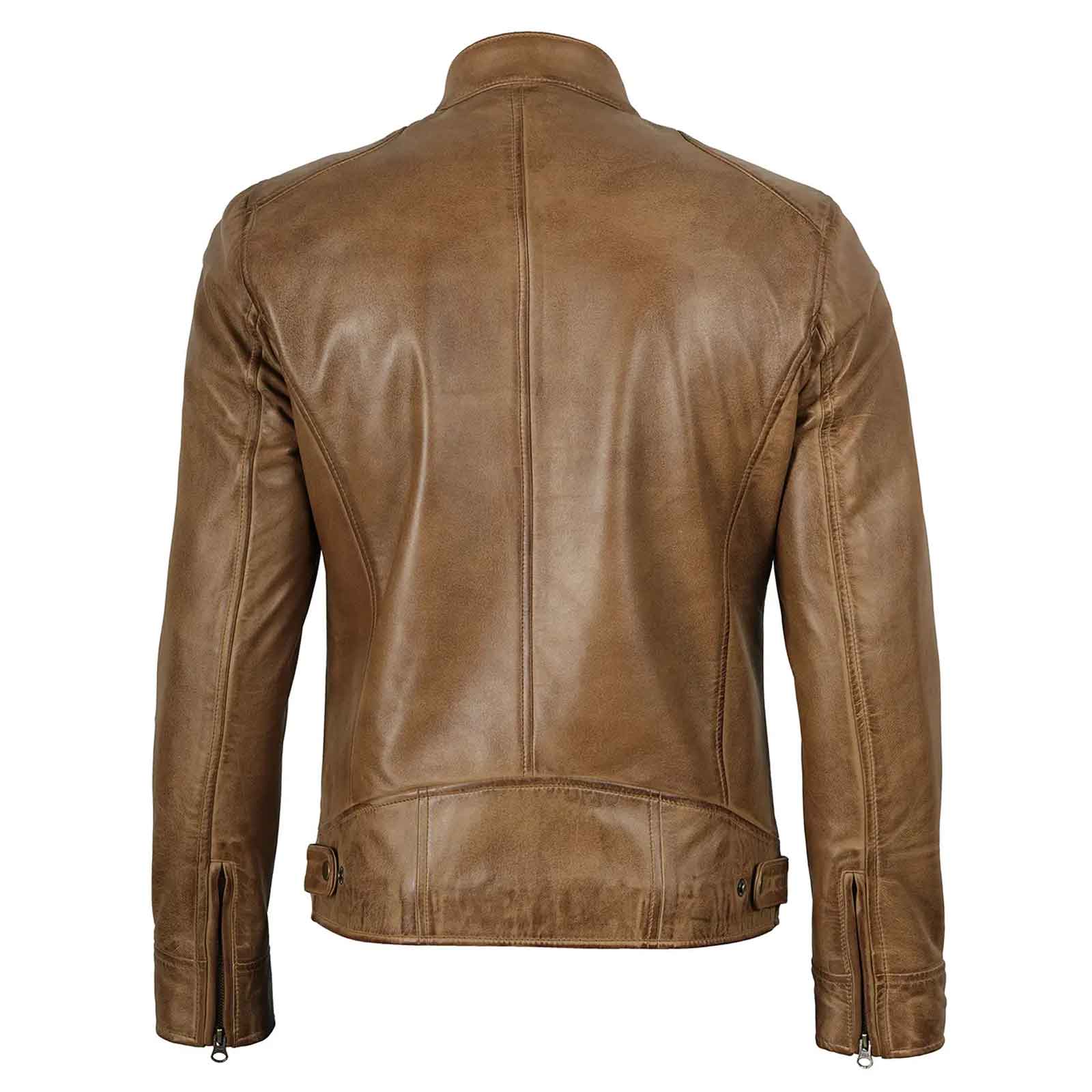 Dodge Men's Camel Brown Genuine Leather Cafe Racer Biker Style Jacket
