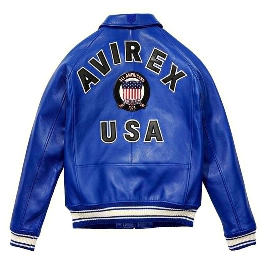 Top Quality Men’s Avirex Leather Jacket Navy Blue Leather Bomber Jacket Iconic Style