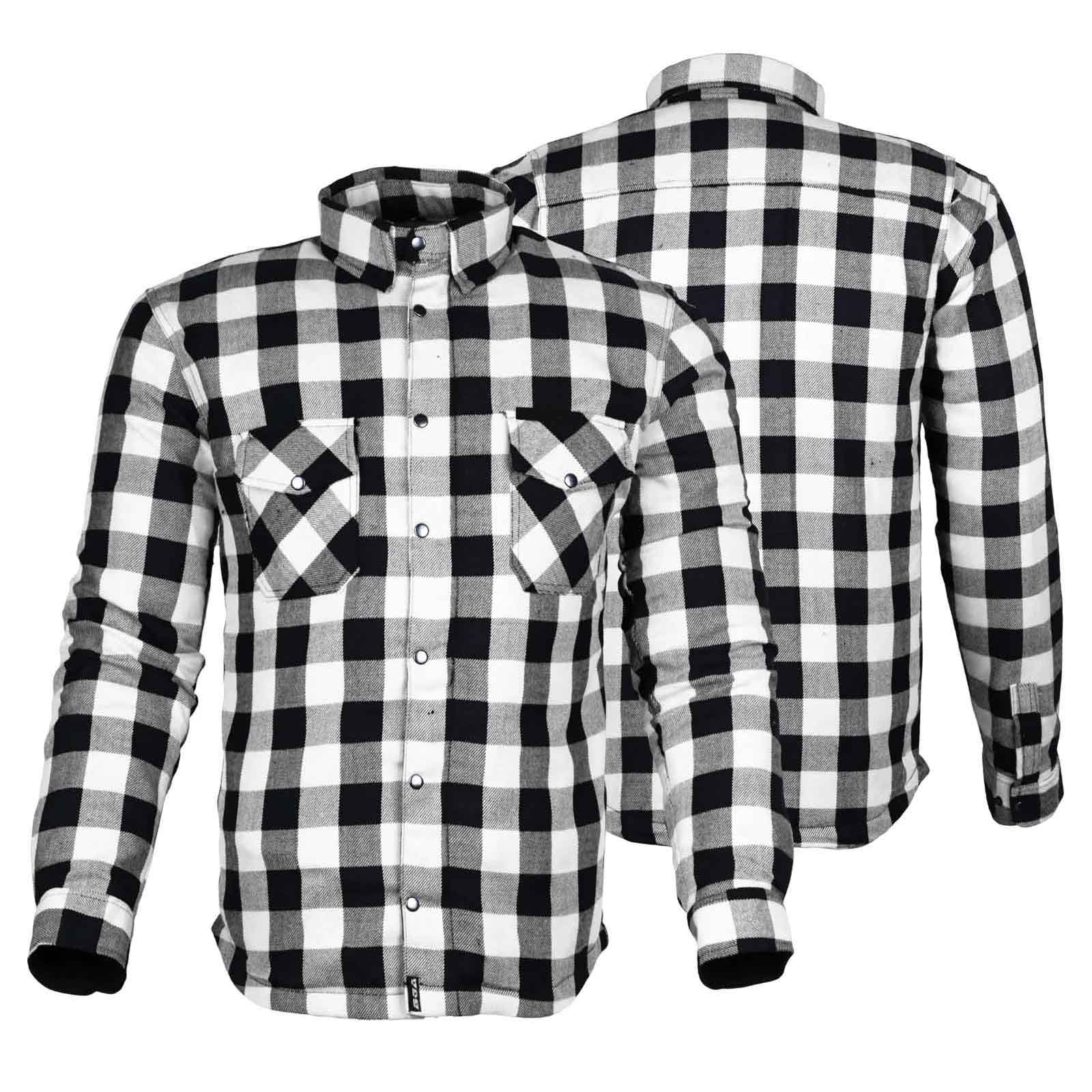 Exo Kevlar® Lined Motorcycle Flannel Shirt White/Black – Protective Riding Shirt with CE Armor Pockets