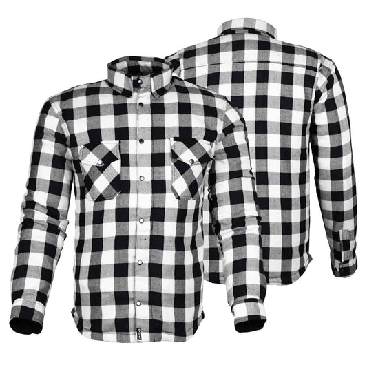 Exo Kevlar® Lined Motorcycle Flannel Shirt White/Black – Protective Riding Shirt with CE Armor Pockets