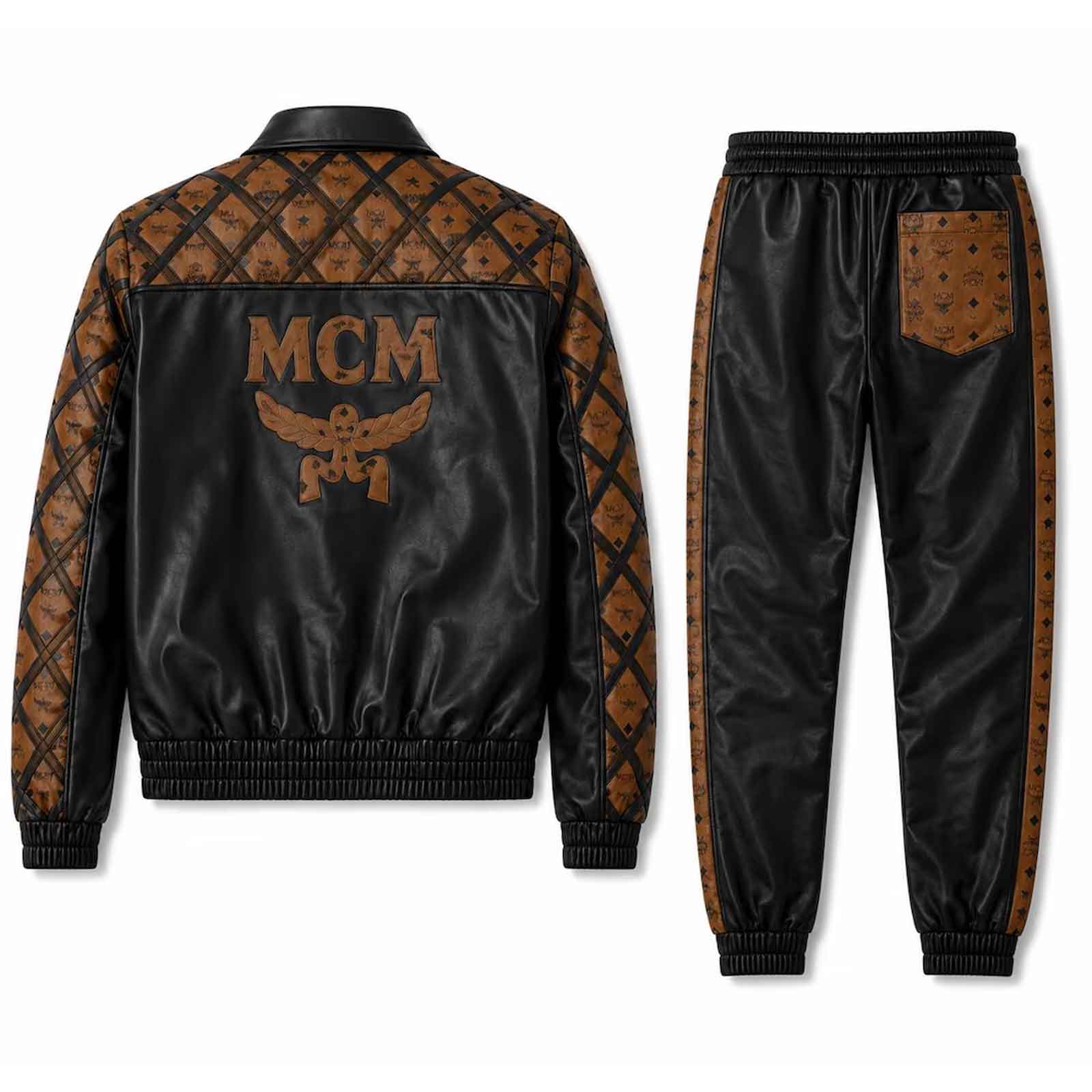 Women’s MCM Genuine Leather Tracksuit Set | Luxury Streetwear Jacket, Pants & Hat