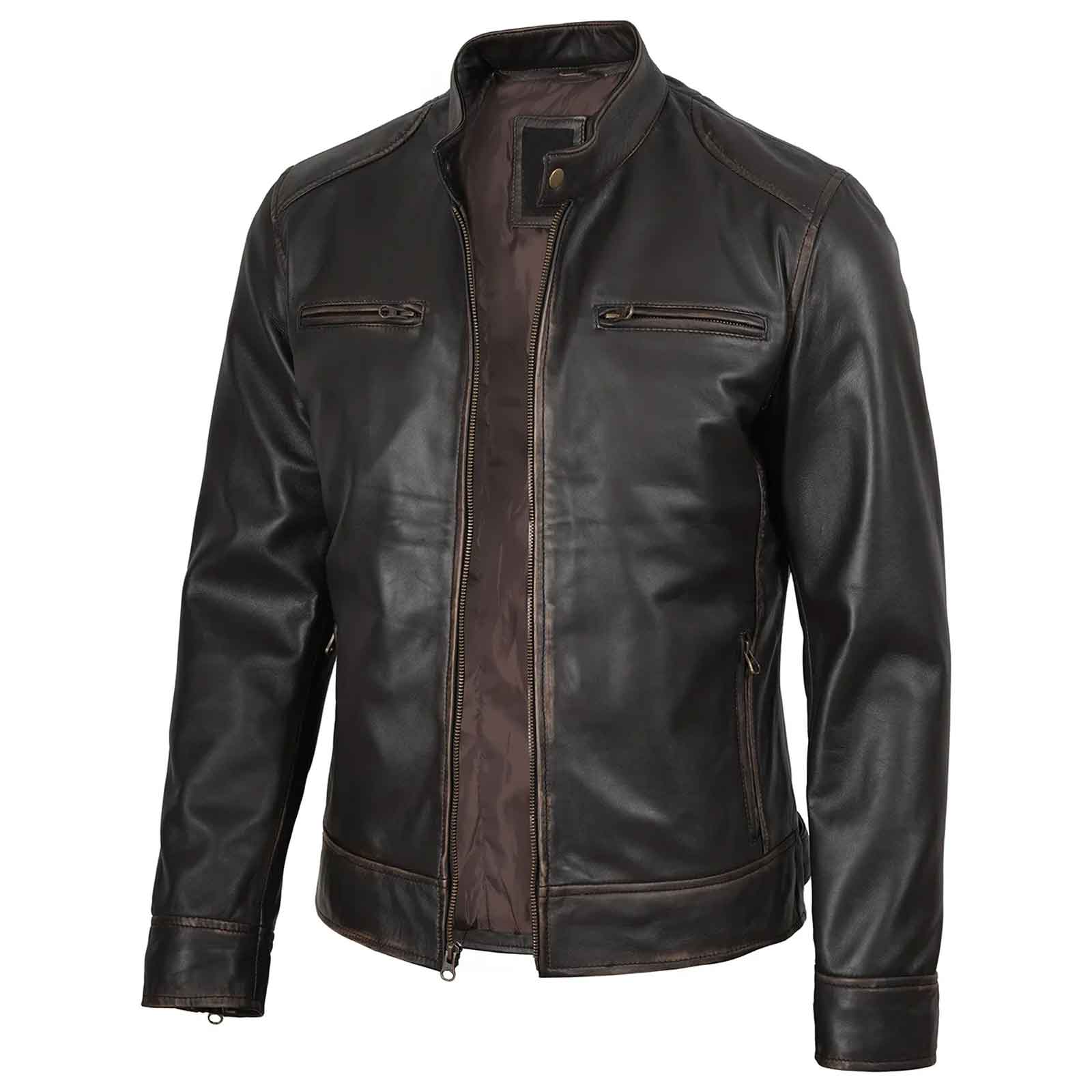 Rub-Off Dark Brown Men’s Leather Biker Jacket – Slim Fit Cafe Racer Classic