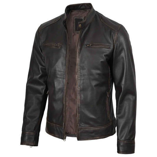 Rub-Off Dark Brown Men’s Leather Biker Jacket – Slim Fit Cafe Racer Classic