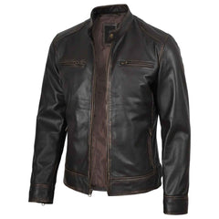 Rub-Off Dark Brown Men’s Leather Biker Jacket – Slim Fit Cafe Racer Classic