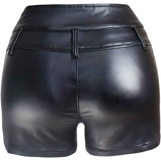 Women’s High Waist Faux Leather Shorts with Zipper Detail – Stylish PU Coated Shorts